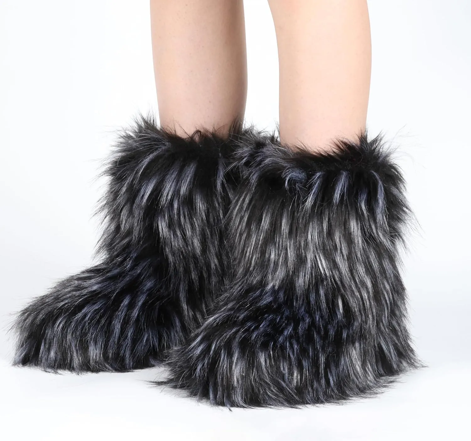 Women's Faux Fur Boots Furry Fuzzy Snow Boots Fluffy Winter Boot Warm Comfortable Mid-Calf Boot Outdoor Indoor Flat Shoes