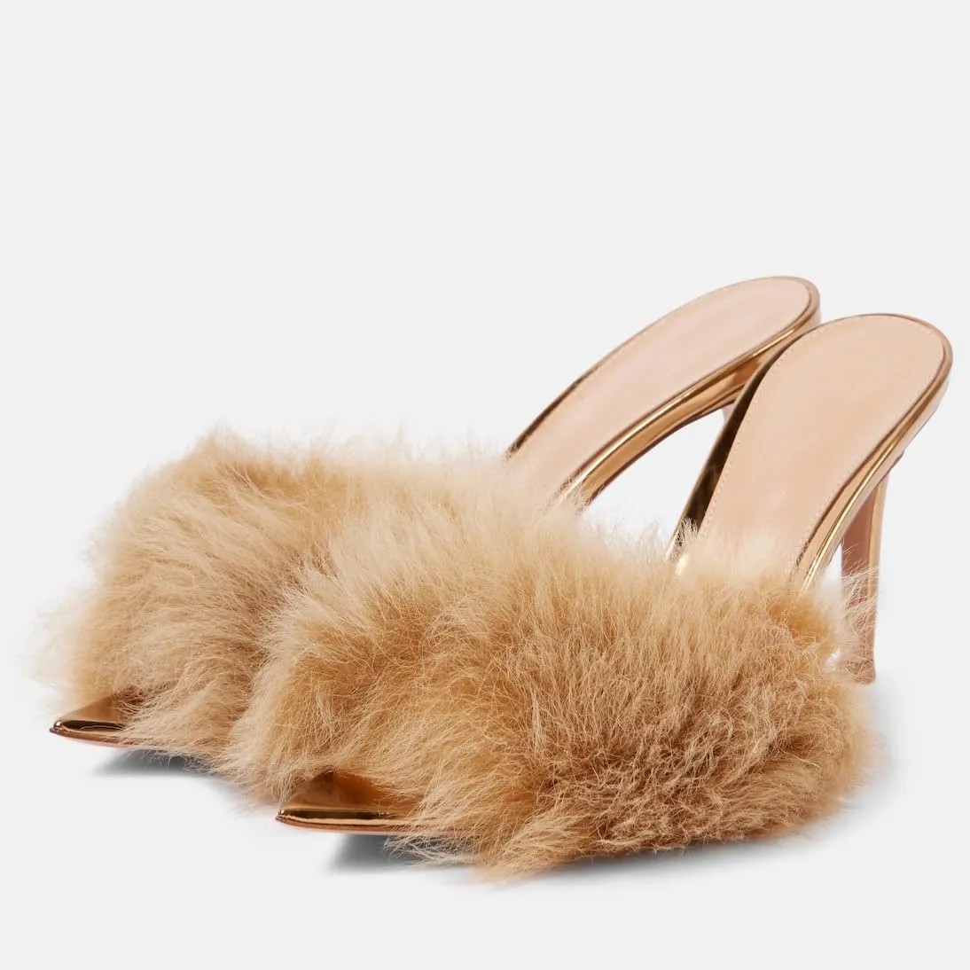 Women's Faux Fur Mules Sexy High Heel Sandals Leather Pointed Toe Stiletto Dress High Heels Fashion Furry Heels For Wedding Party