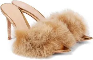 Women's Faux Fur Mules Sexy High Heel Sandals Leather Pointed Toe Stiletto Dress High Heels Fashion Furry Heels For Wedding Party