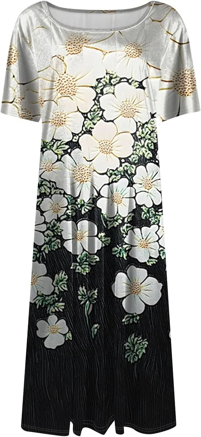 Women's Floral Midi Dress Short Sleeve Casual A-Line Sundress with Pockets Elegant Summer Dress for Daily Wear