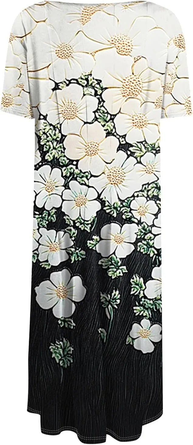 Women's Floral Midi Dress Short Sleeve Casual A-Line Sundress with Pockets Elegant Summer Dress for Daily Wear