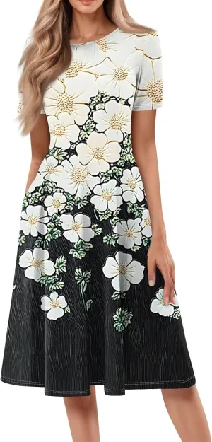 Women's Floral Midi Dress Short Sleeve Casual A-Line Sundress with Pockets Elegant Summer Dress for Daily Wear