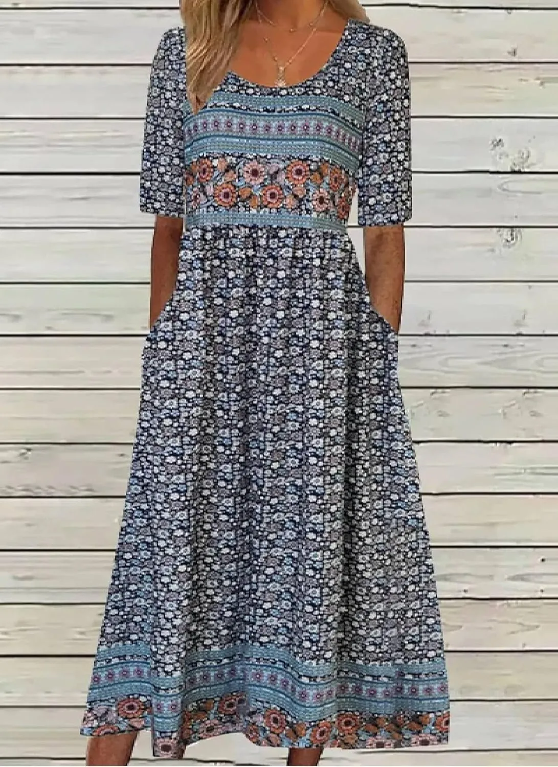 Women's Floral Print Half Sleeve Midi Dresses Casual V-Neck Pleated Dress with Pockets 2025 Summer Dating Outfits