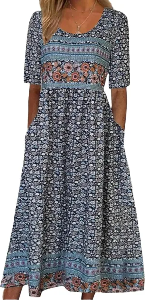Women's Floral Print Half Sleeve Midi Dresses Casual V-Neck Pleated Dress with Pockets 2025 Summer Dating Outfits