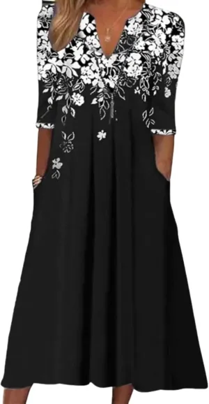 Women's Floral Print Half Sleeve Midi Dresses Casual V-Neck Pleated Dress with Pockets 2025 Summer Dating Outfits