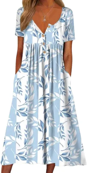 Women's Floral Print Half Sleeve Midi Dresses Casual V-Neck Pleated Dress with Pockets 2025 Summer Dating Outfits