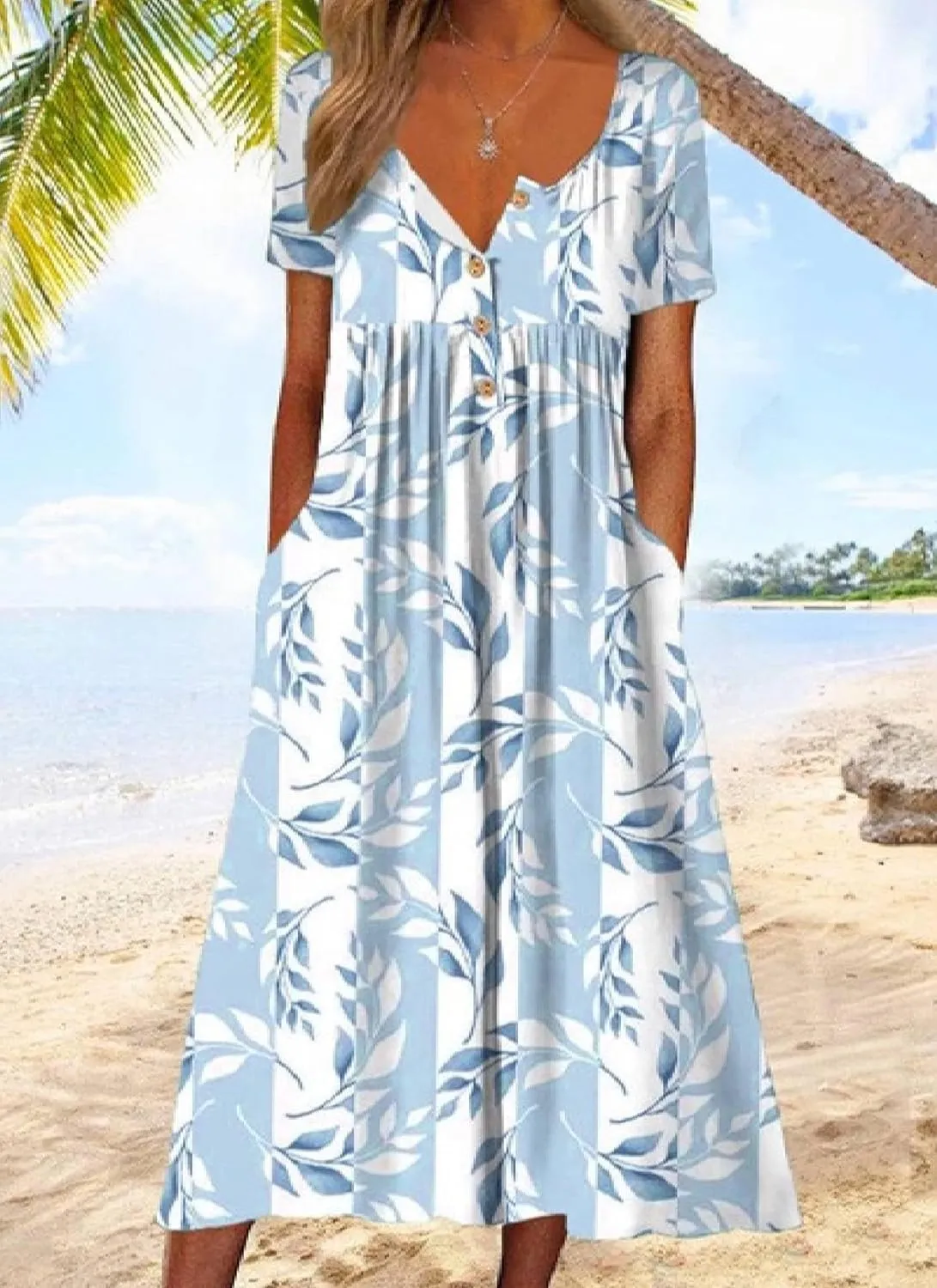 Women's Floral Print Half Sleeve Midi Dresses Casual V-Neck Pleated Dress with Pockets 2025 Summer Dating Outfits