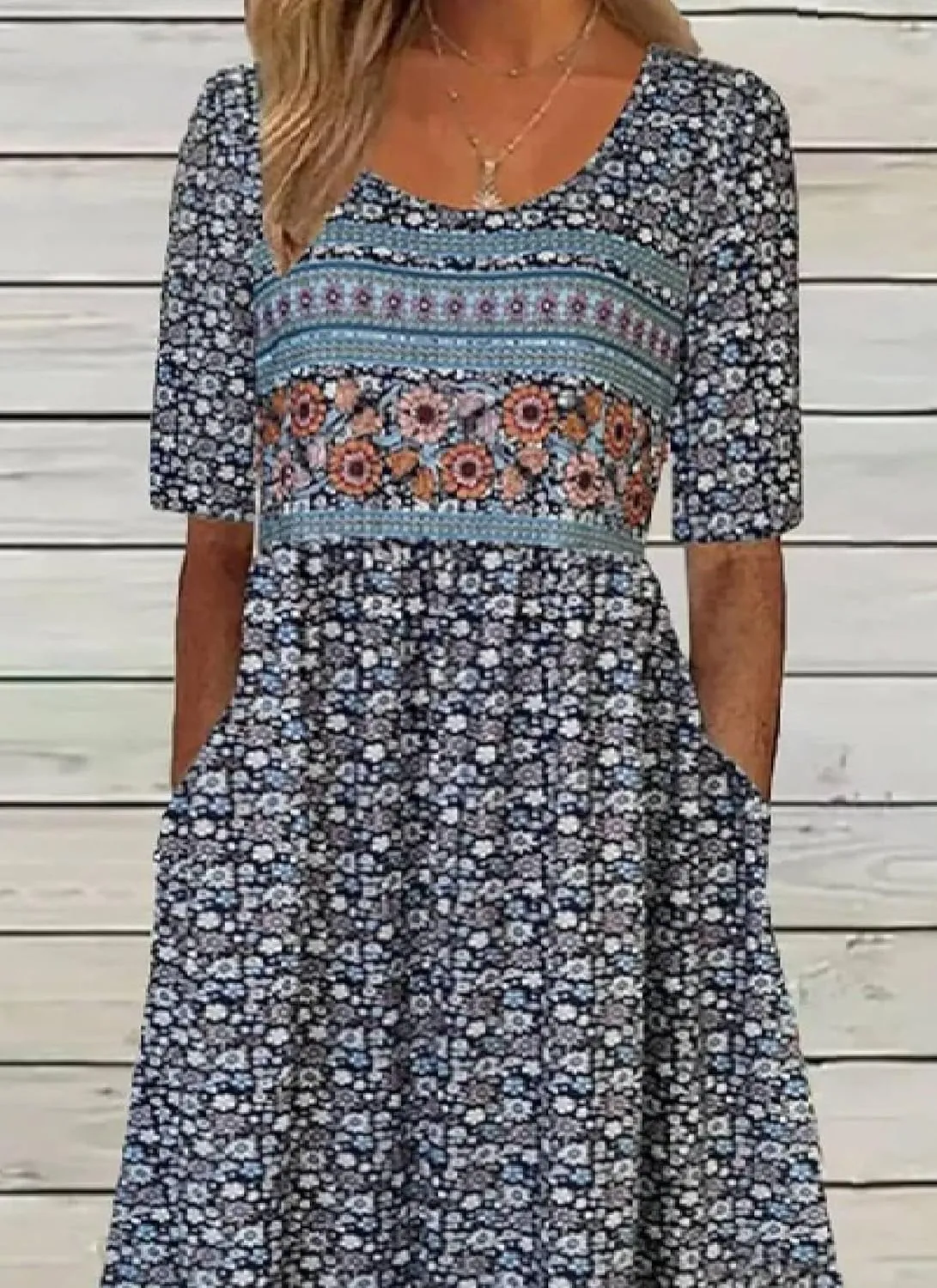 Women's Floral Print Half Sleeve Midi Dresses Casual V-Neck Pleated Dress with Pockets 2025 Summer Dating Outfits