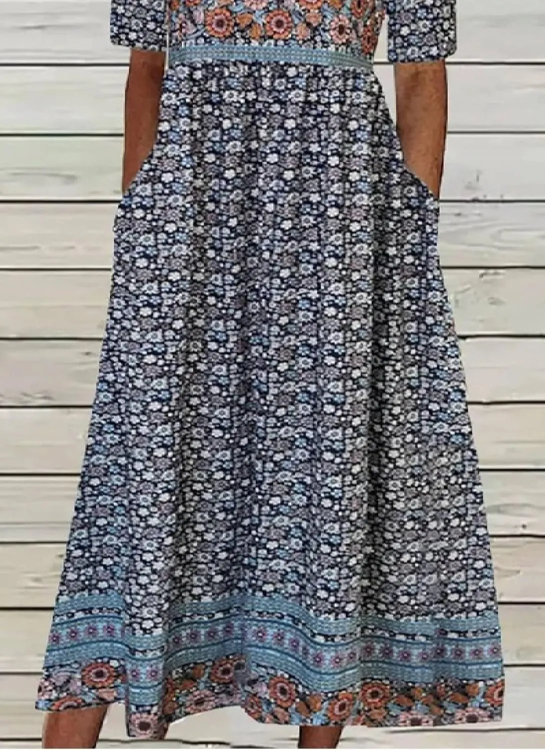 Women's Floral Print Half Sleeve Midi Dresses Casual V-Neck Pleated Dress with Pockets 2025 Summer Dating Outfits
