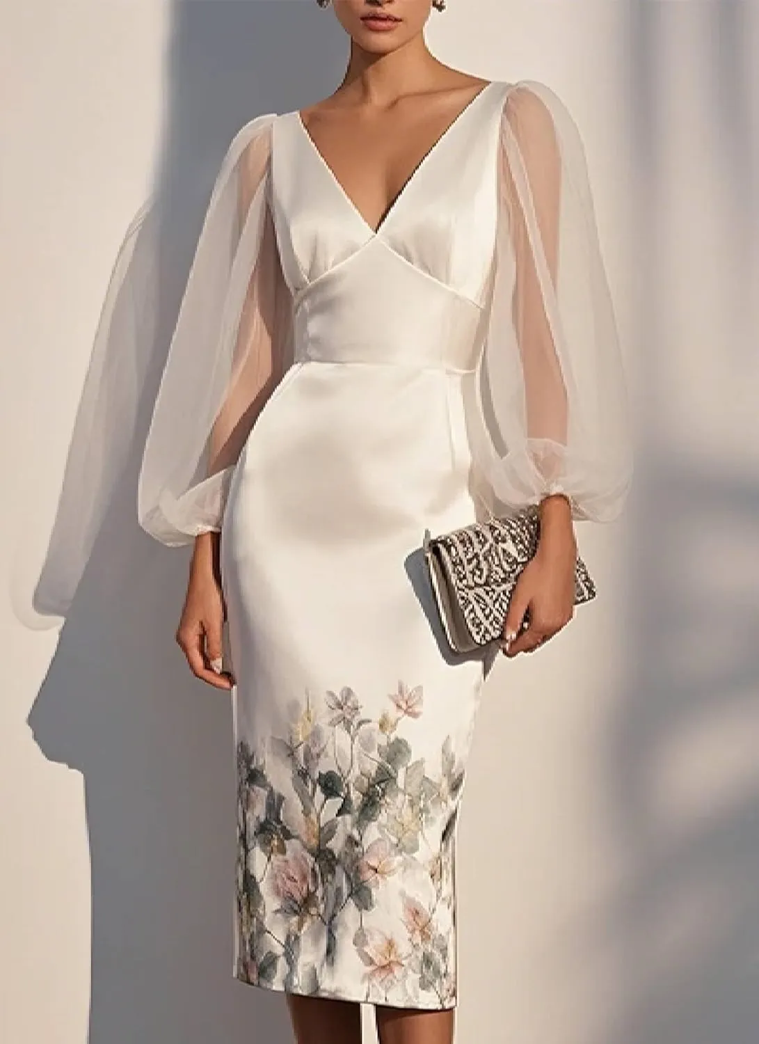 Womens Floral Print Sheer Lantern Sleeve Dress Elegant V-Neck Bodycon Midi Dresses 2025 Cocktail Tea Party Outfits