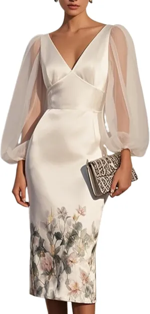 Womens Floral Print Sheer Lantern Sleeve Dress Elegant V-Neck Bodycon Midi Dresses 2025 Cocktail Tea Party Outfits