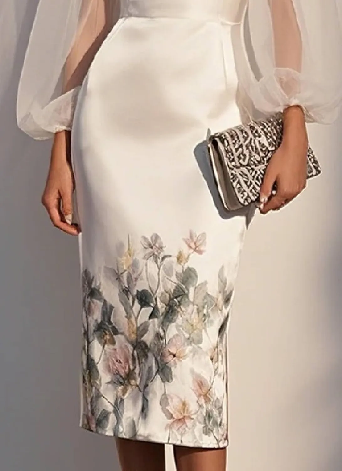 Womens Floral Print Sheer Lantern Sleeve Dress Elegant V-Neck Bodycon Midi Dresses 2025 Cocktail Tea Party Outfits