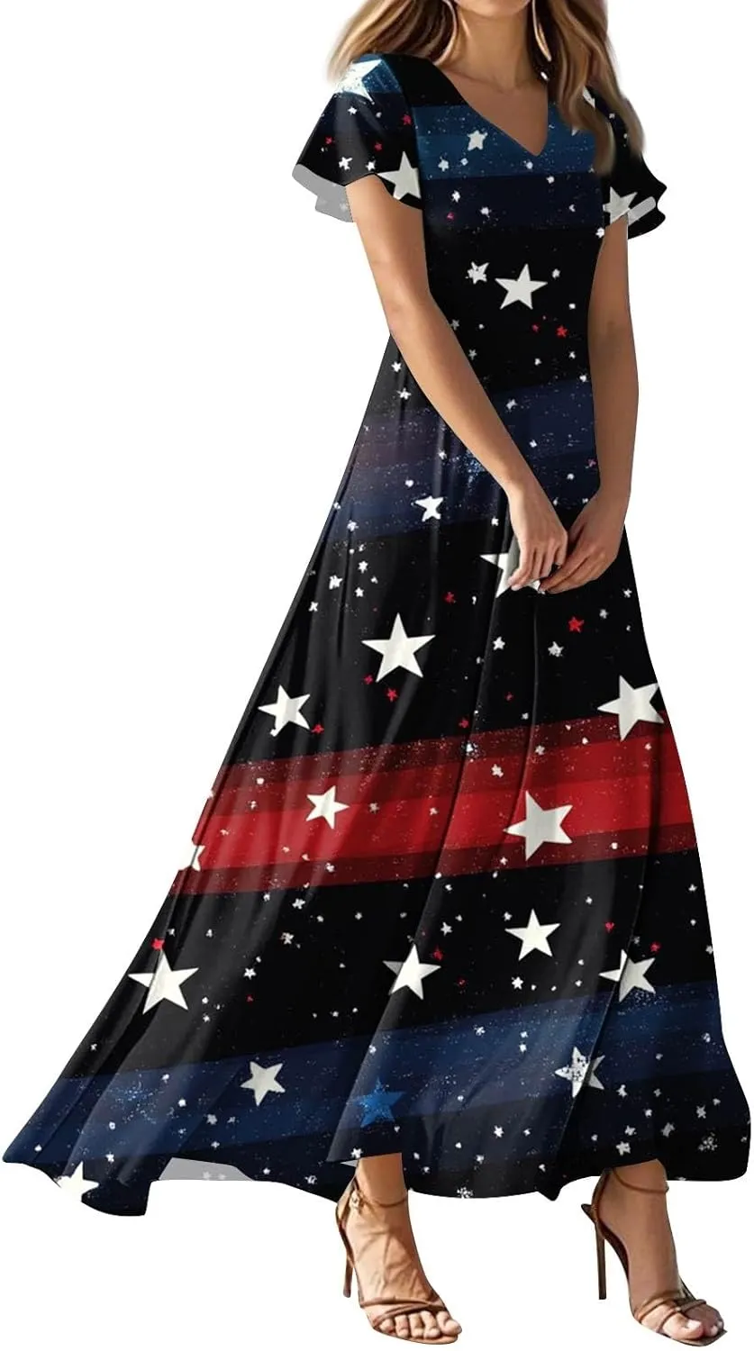 Women's Floral Print V-Neck Maxi Dress Elegant Short Sleeve Summer Beach Long Dress for Casual & Party