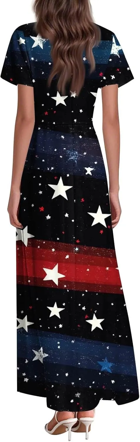 Women's Floral Print V-Neck Maxi Dress Elegant Short Sleeve Summer Beach Long Dress for Casual & Party