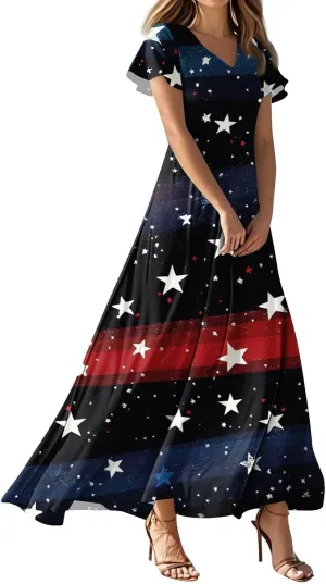 Women's Floral Print V-Neck Maxi Dress Elegant Short Sleeve Summer Beach Long Dress for Casual & Party