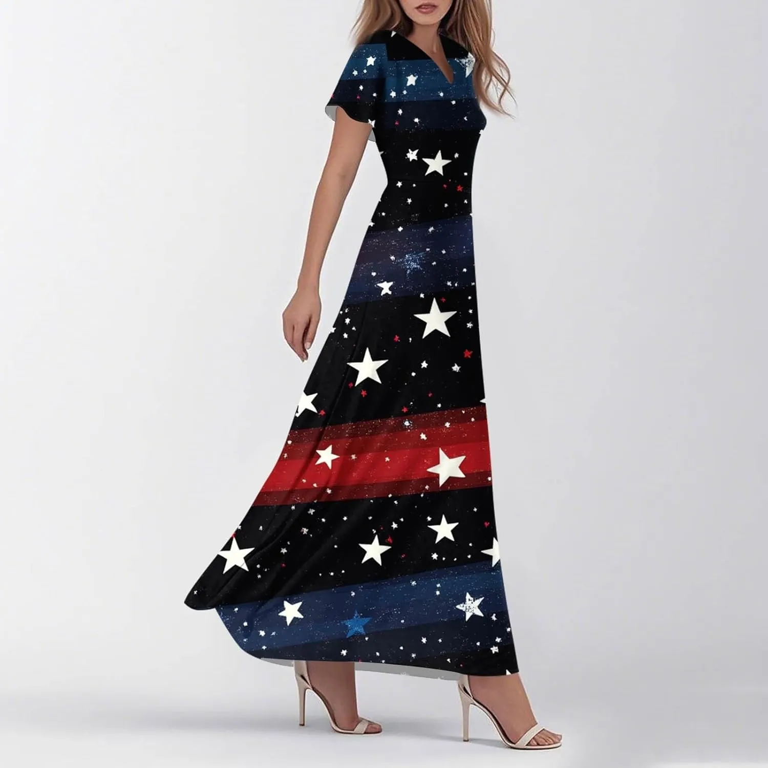 Women's Floral Print V-Neck Maxi Dress Elegant Short Sleeve Summer Beach Long Dress for Casual & Party