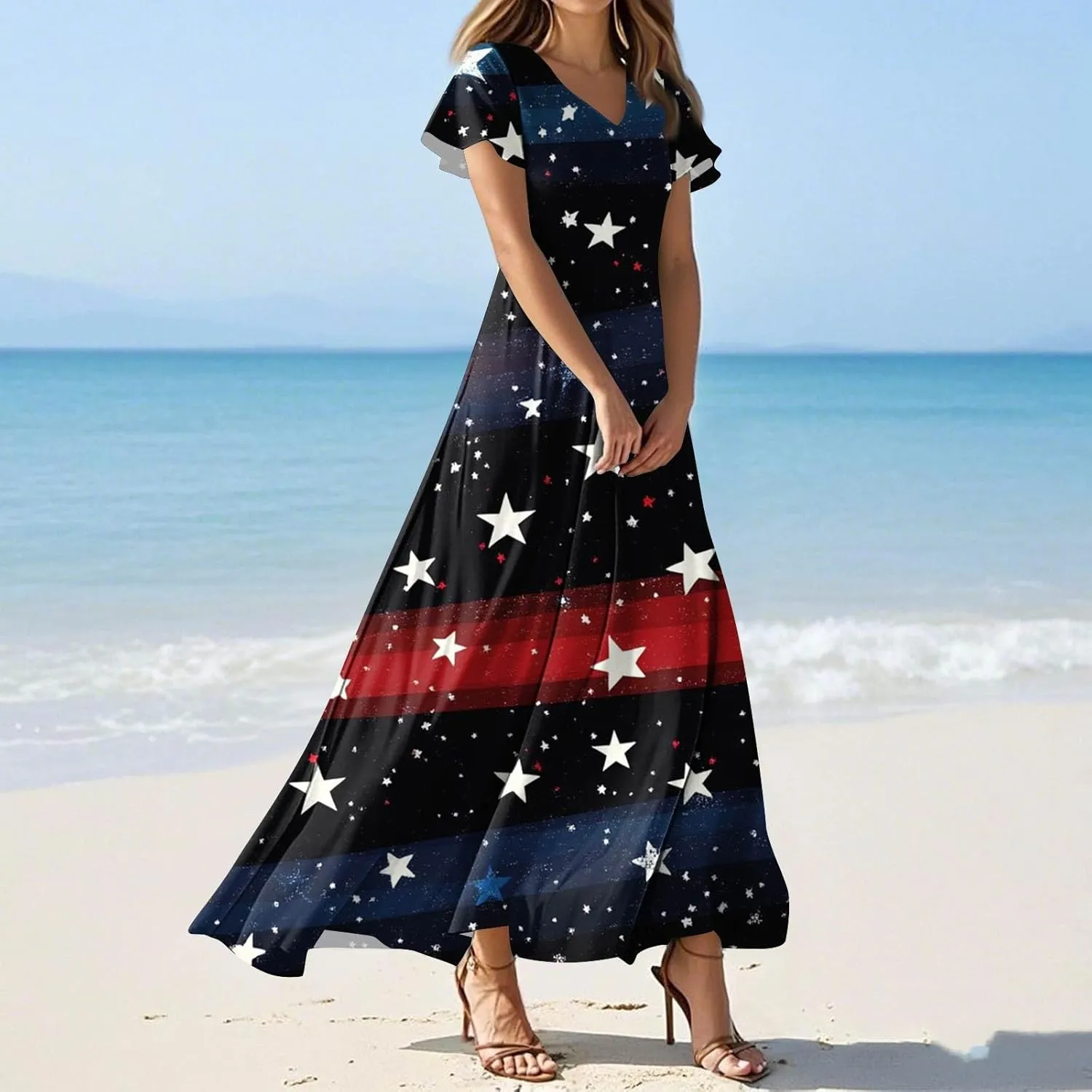 Women's Floral Print V-Neck Maxi Dress Elegant Short Sleeve Summer Beach Long Dress for Casual & Party