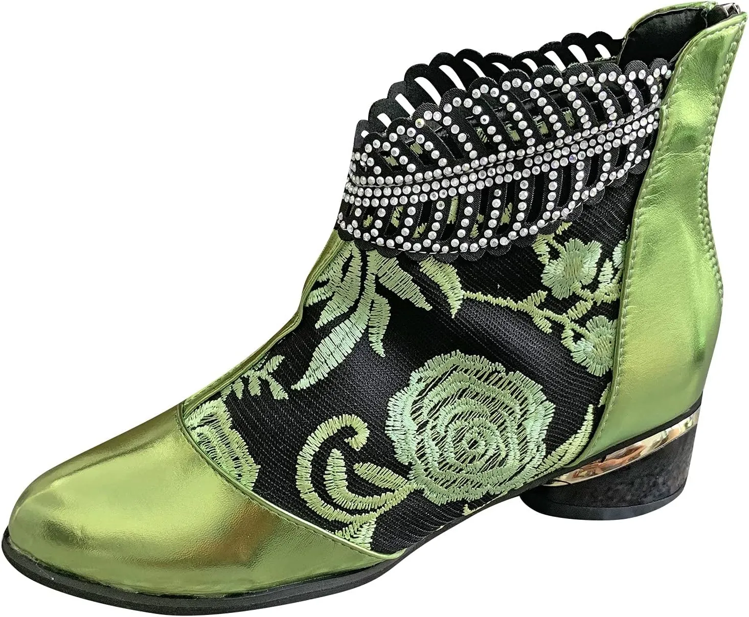 Womens Flower Embroidery Ankle Boots Fashion Rhinestone Pointed Back Zipper Mid Heel Short Booties Casual Trendy Ladies Thick Heel Shoes