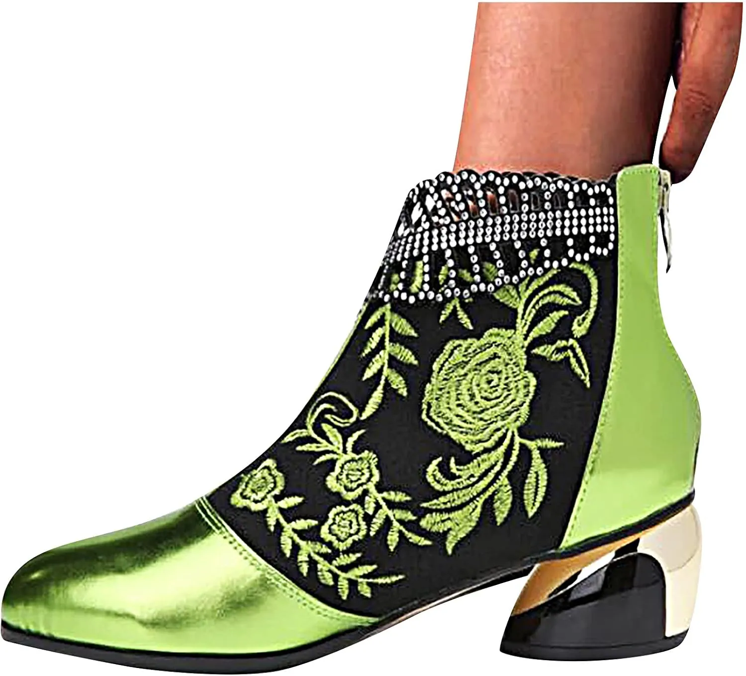 Womens Flower Embroidery Ankle Boots Fashion Rhinestone Pointed Back Zipper Mid Heel Short Booties Casual Trendy Ladies Thick Heel Shoes