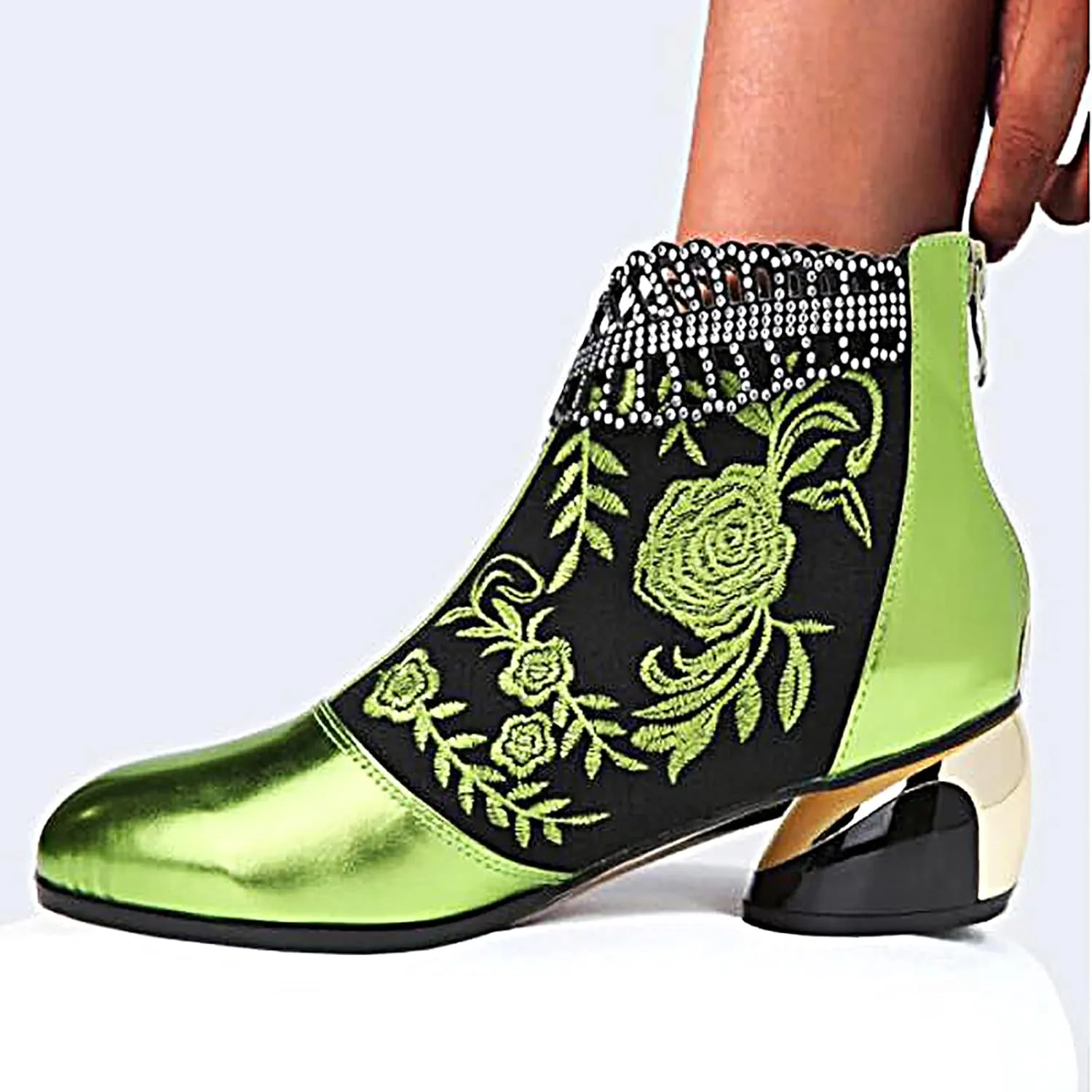 Womens Flower Embroidery Ankle Boots Fashion Rhinestone Pointed Back Zipper Mid Heel Short Booties Casual Trendy Ladies Thick Heel Shoes