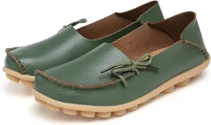 Women's Genuine Leather Lightweight Loafers Comfortable Slip On Tie-Bow Moccasins Wide Width Flats Shoes Breathable Anti Slip Beef Tendon Bottom Walking Boat Shoe