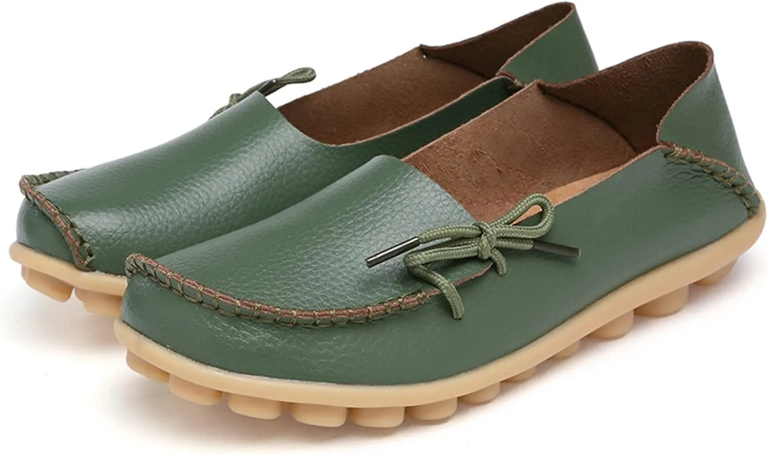 Women's Genuine Leather Lightweight Loafers Comfortable Slip On Tie-Bow Moccasins Wide Width Flats Shoes Breathable Anti Slip Beef Tendon Bottom Walking Boat Shoe
