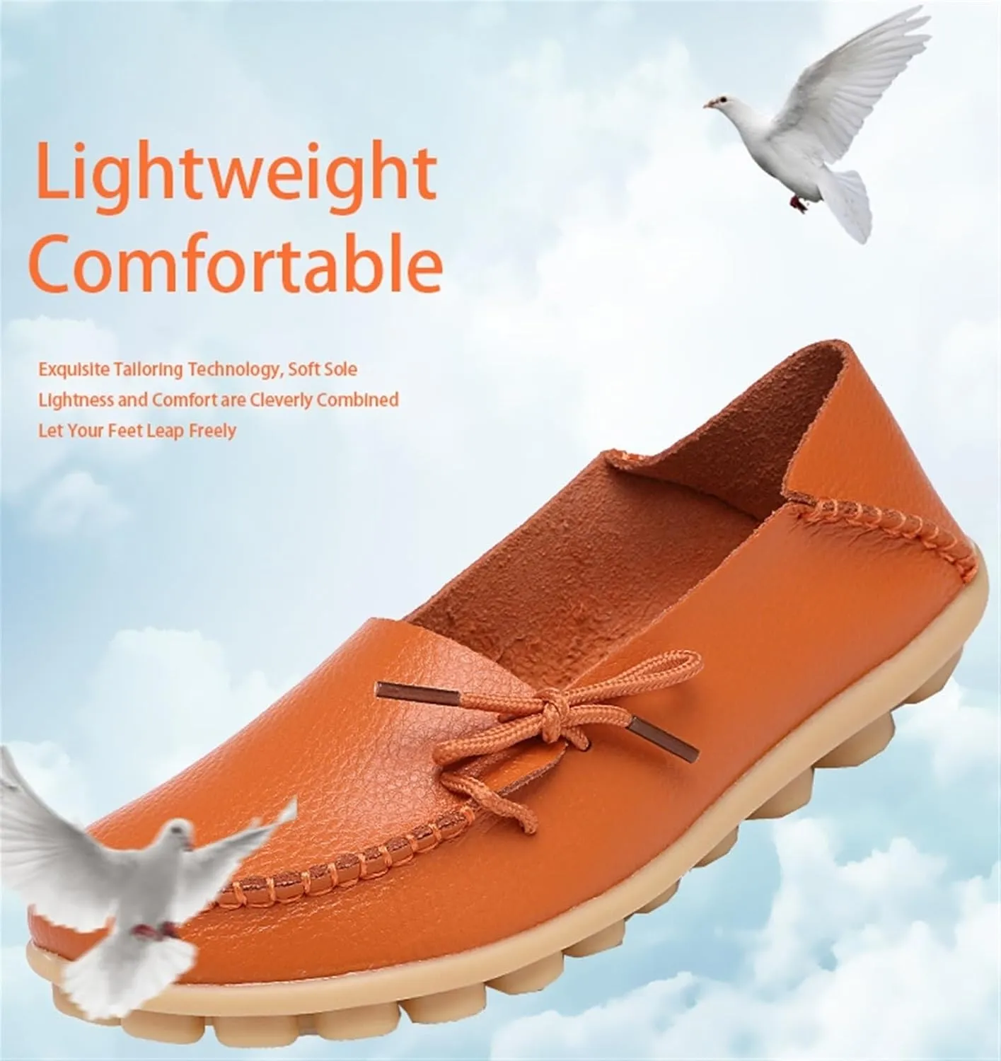 Women's Genuine Leather Lightweight Loafers Comfortable Slip On Tie-Bow Moccasins Wide Width Flats Shoes Breathable Anti Slip Beef Tendon Bottom Walking Boat Shoe