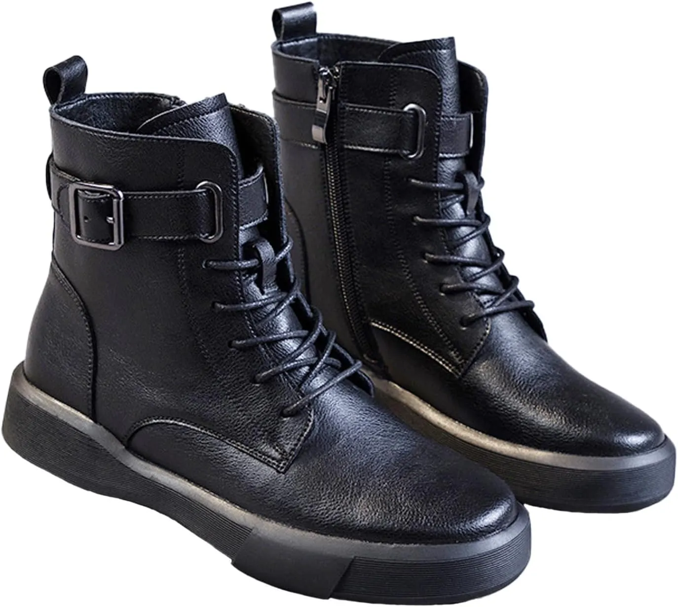 Women's Genuine Leather Platform Lace up Combat Boots Retro Round Toe High-top Buckle Soft Sole Non-Slip Side Zipper Ankle Boots Plush Lining Warm Winter Boots