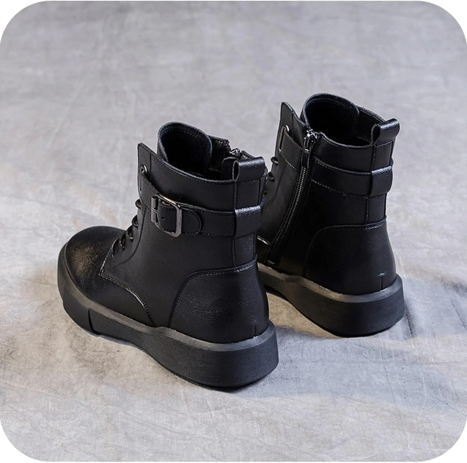 Women's Genuine Leather Platform Lace up Combat Boots Retro Round Toe High-top Buckle Soft Sole Non-Slip Side Zipper Ankle Boots Plush Lining Warm Winter Boots