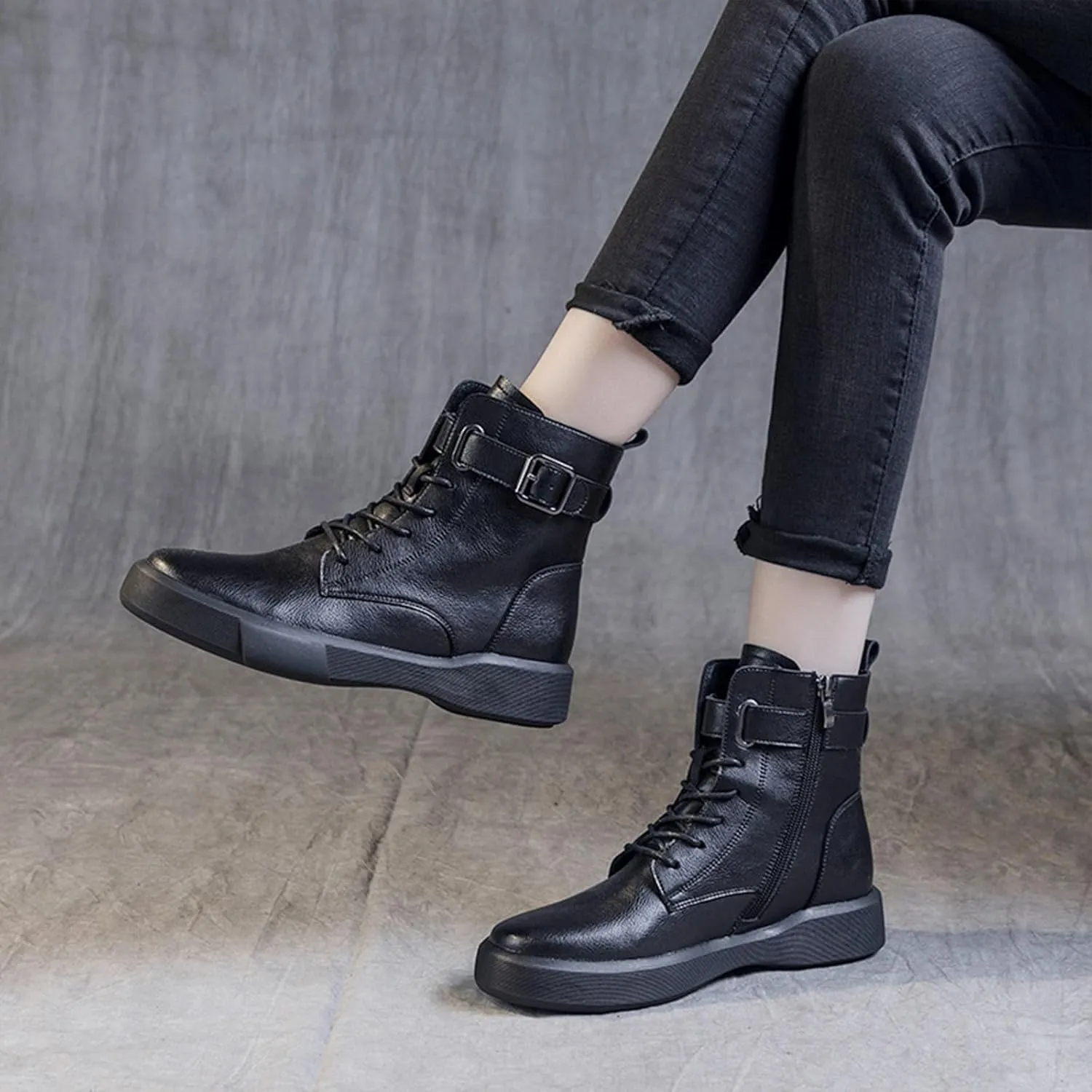 Women's Genuine Leather Platform Lace up Combat Boots Retro Round Toe High-top Buckle Soft Sole Non-Slip Side Zipper Ankle Boots Plush Lining Warm Winter Boots