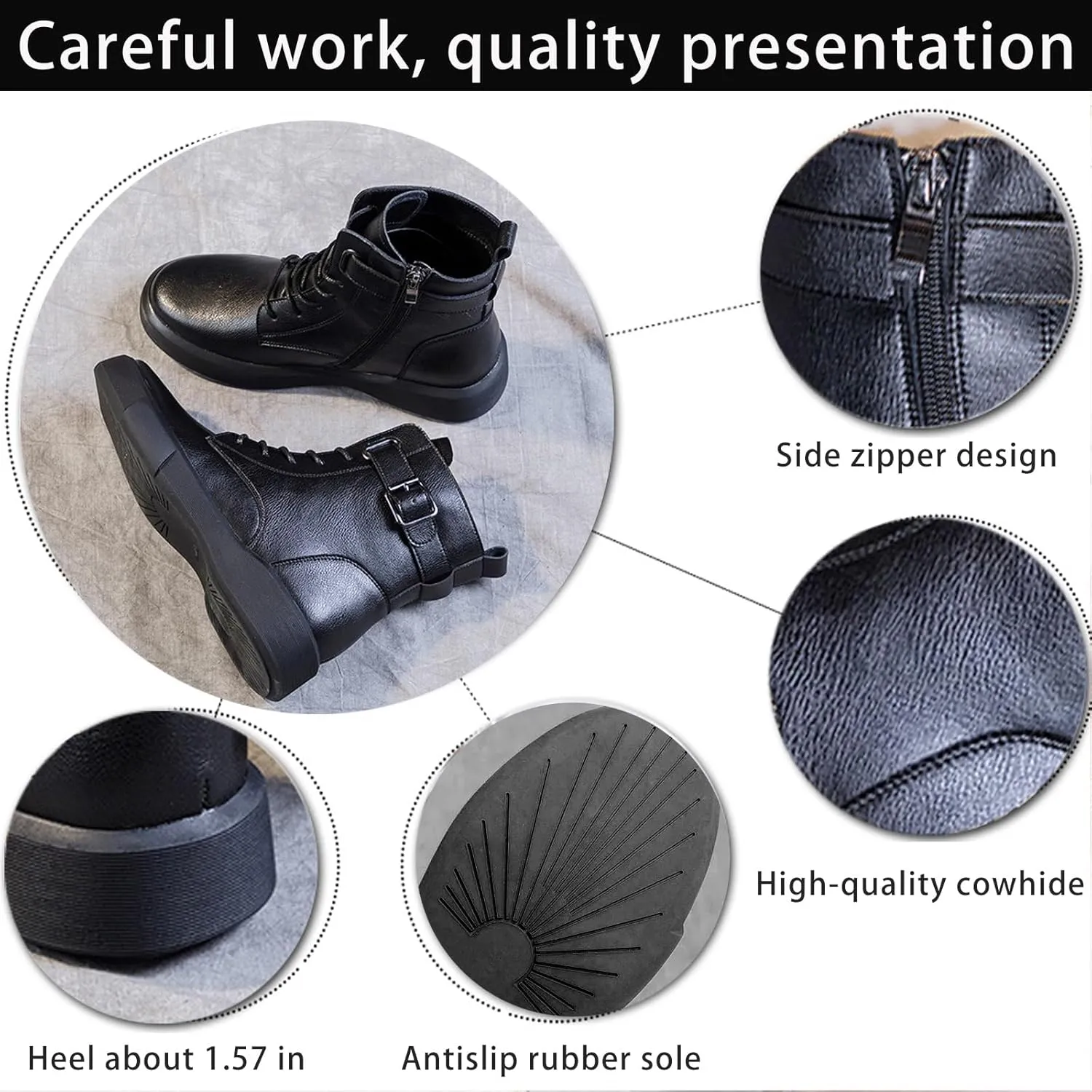Women's Genuine Leather Platform Lace up Combat Boots Retro Round Toe High-top Buckle Soft Sole Non-Slip Side Zipper Ankle Boots Plush Lining Warm Winter Boots