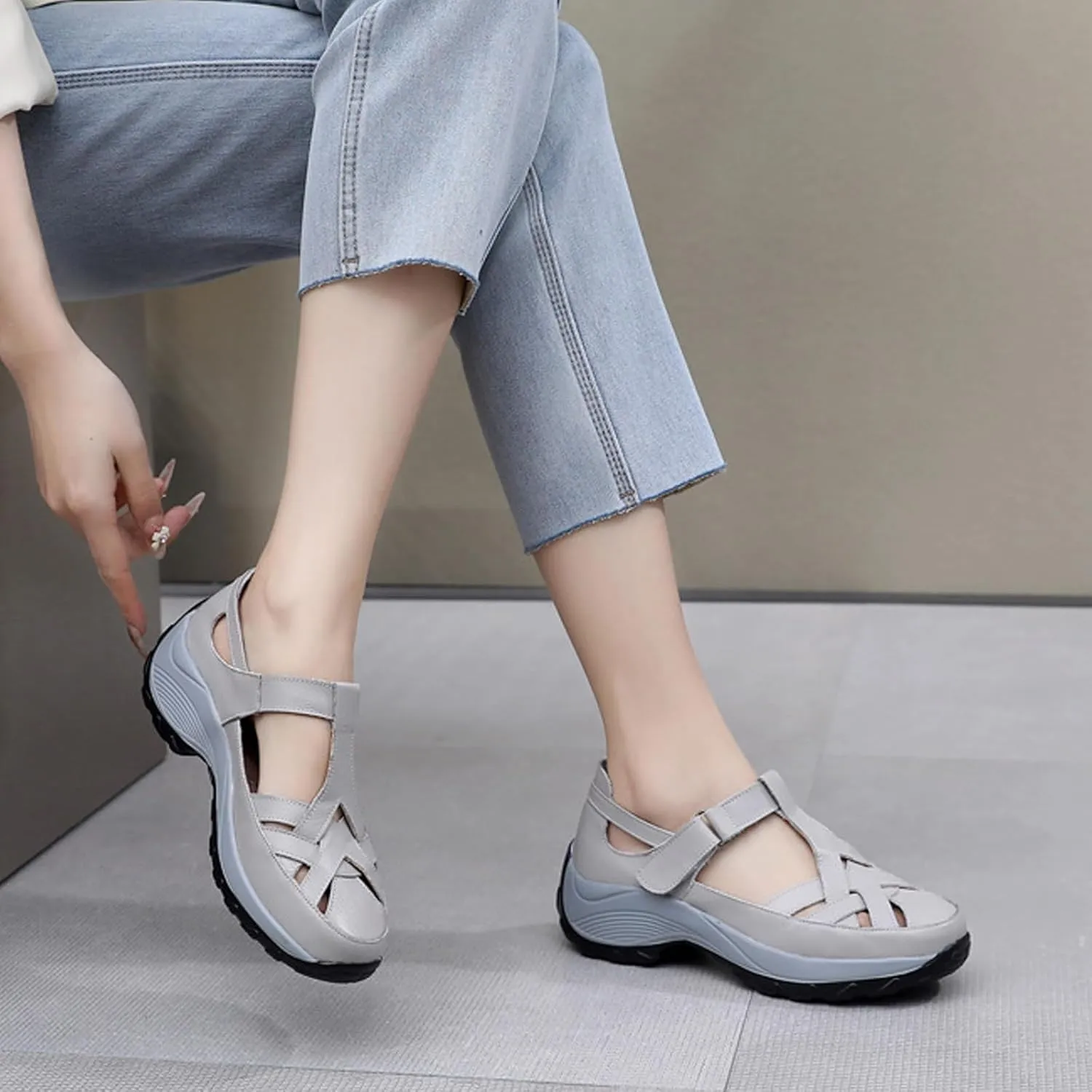 Women’s Genuine Leather Wedge Platform Orthopedic Sandals Summer Breathable Comfort Retro Hollow Out Hook Loop Round Closed Toe Casual Roman Sandals for Walking Beach Party Work