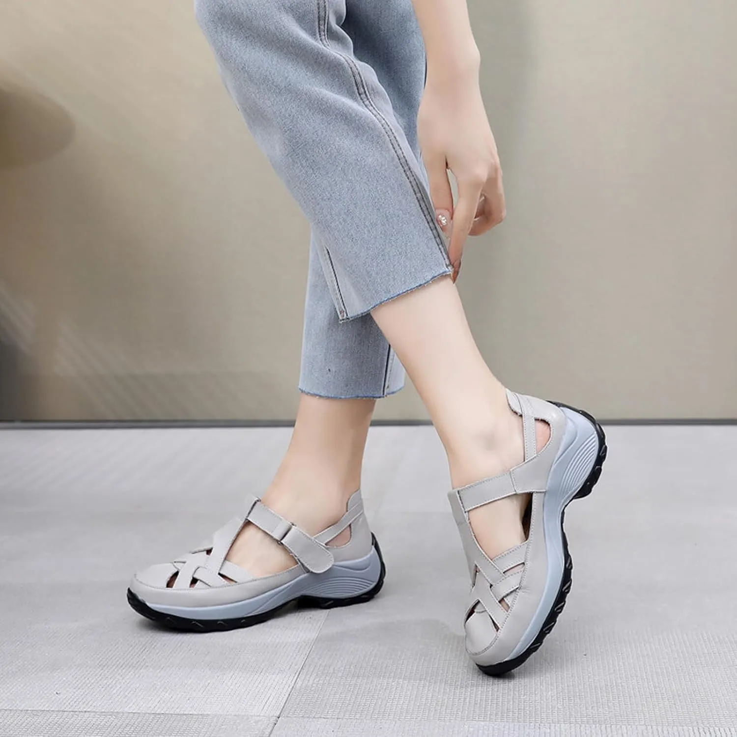 Women’s Genuine Leather Wedge Platform Orthopedic Sandals Summer Breathable Comfort Retro Hollow Out Hook Loop Round Closed Toe Casual Roman Sandals for Walking Beach Party Work