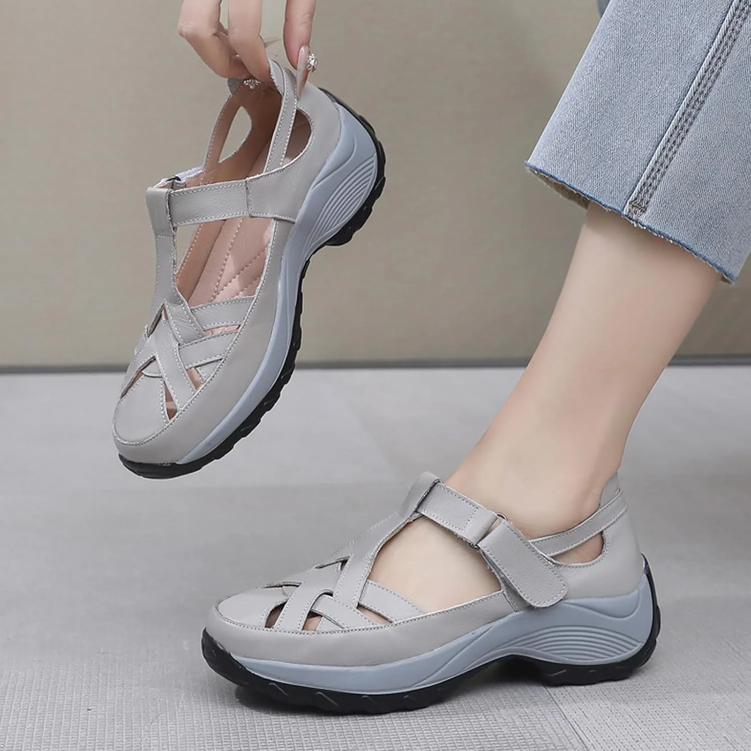 Women’s Genuine Leather Wedge Platform Orthopedic Sandals Summer Breathable Comfort Retro Hollow Out Hook Loop Round Closed Toe Casual Roman Sandals for Walking Beach Party Work