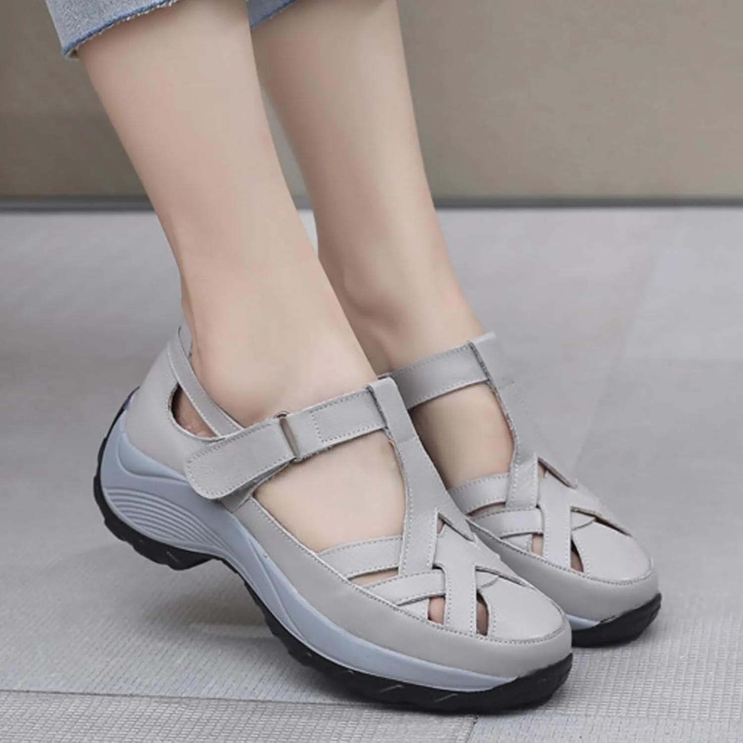 Women’s Genuine Leather Wedge Platform Orthopedic Sandals Summer Breathable Comfort Retro Hollow Out Hook Loop Round Closed Toe Casual Roman Sandals for Walking Beach Party Work