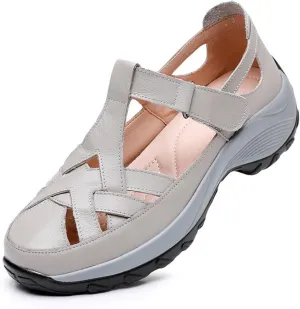 Women’s Genuine Leather Wedge Platform Orthopedic Sandals Summer Breathable Comfort Retro Hollow Out Hook Loop Round Closed Toe Casual Roman Sandals for Walking Beach Party Work