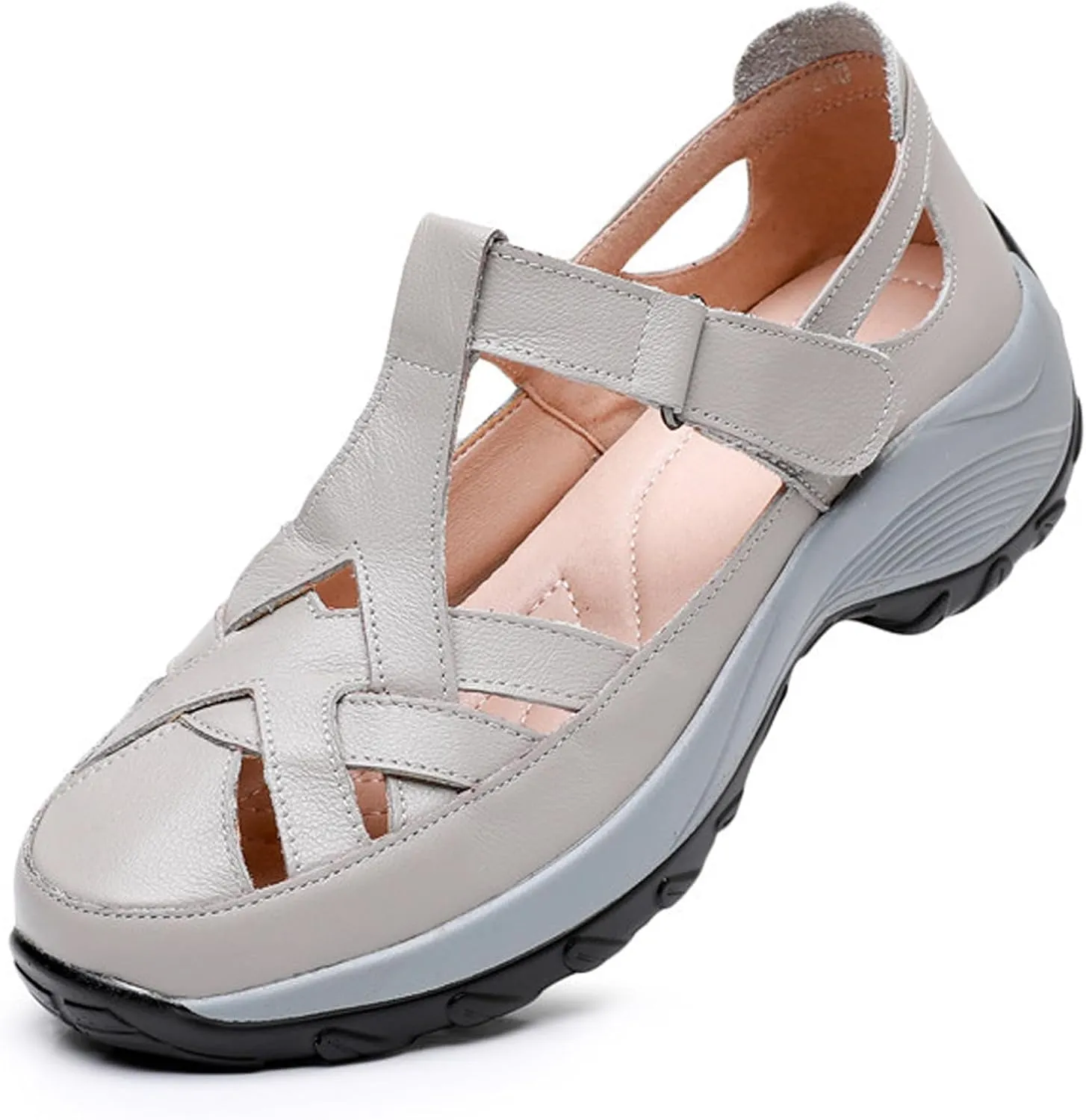 Women’s Genuine Leather Wedge Platform Orthopedic Sandals Summer Breathable Comfort Retro Hollow Out Hook Loop Round Closed Toe Casual Roman Sandals for Walking Beach Party Work