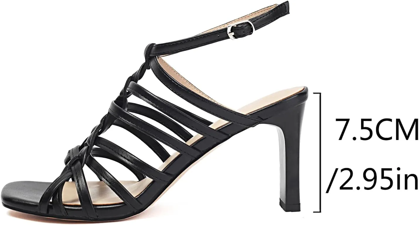 Women's Gladiator Heeled Sandals Summer Dressy Strappy Square Open Toe Chunky High Heels with Ankle Strap, Sexy Fashion Comfort Shoes for Party Casual Sandals