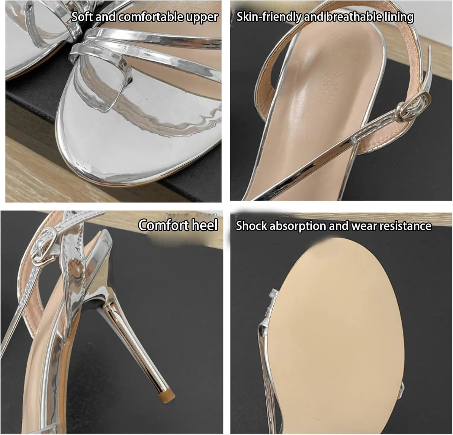Women's Gold & Silver Heeled Sandals Patent Leather Stilettos,Open Toe, Ankle Strap, Backless or Slip-On High Heels for Prom, Wedding, Party, Dressy or Daily Wea