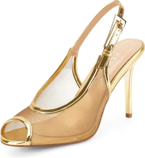 Women's Gold Stiletto Heels Open Peep Toe Heeled Sandals Mesh Slingback Heels Breathable Dress Stilettos Shoes for Ladies Sexy Fashion