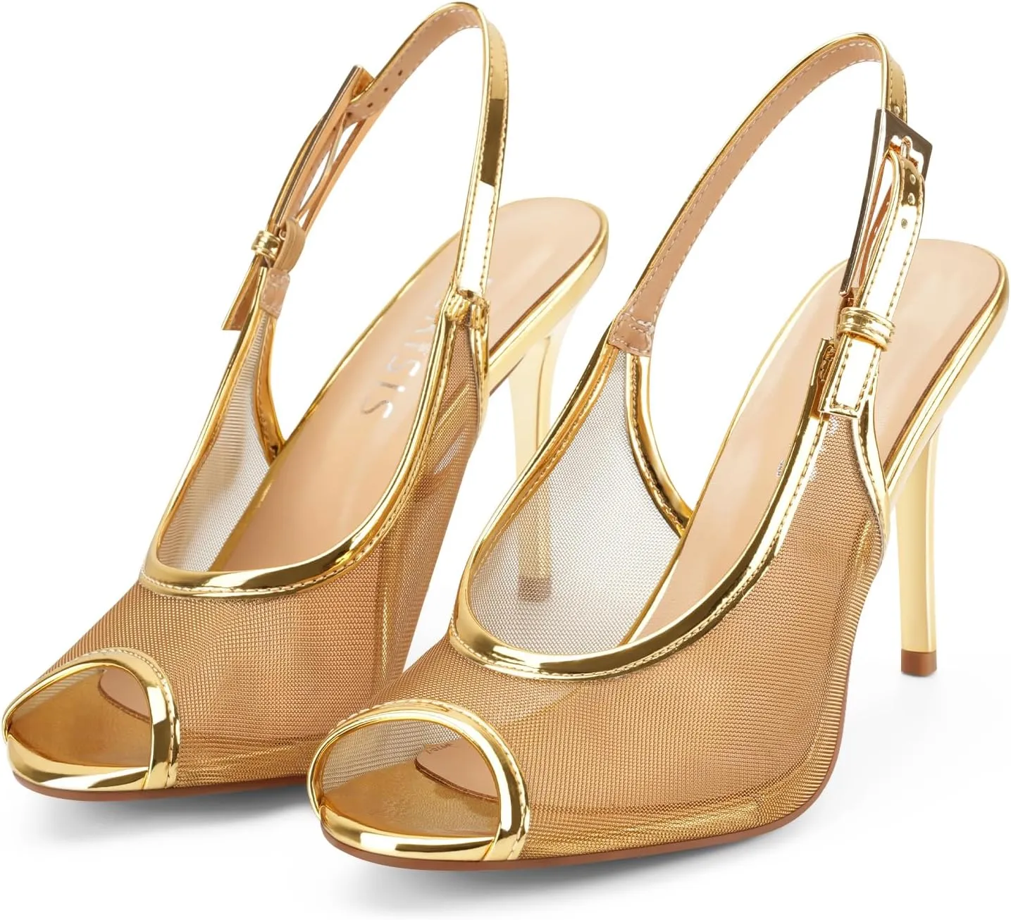 Women's Gold Stiletto Heels Open Peep Toe Heeled Sandals Mesh Slingback Heels Breathable Dress Stilettos Shoes for Ladies Sexy Fashion