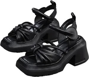 Women's Handmade Leather Sandals, Retro Embroidered Thick Sole Summer
