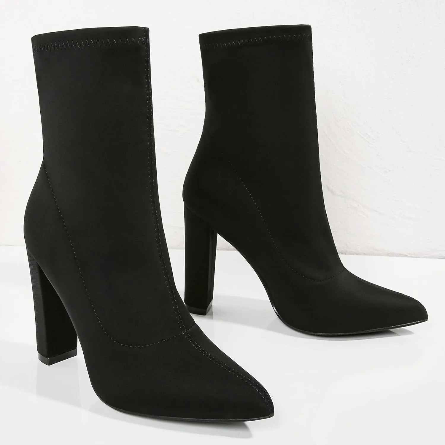 Women's High Heeled Booties Pointed Toe Mid Calf Ankle Boots Block Chunky Heels boot Stretch Fashion Sexy Wedding Short Bootie