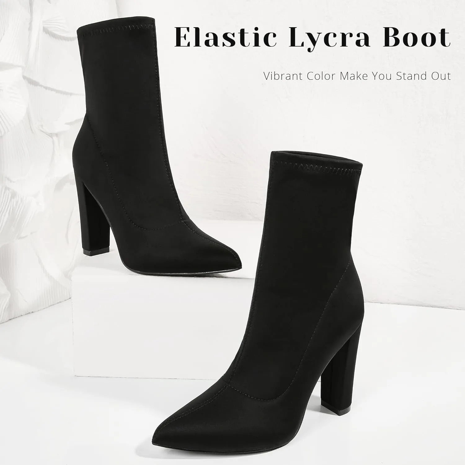 Women's High Heeled Booties Pointed Toe Mid Calf Ankle Boots Block Chunky Heels boot Stretch Fashion Sexy Wedding Short Bootie