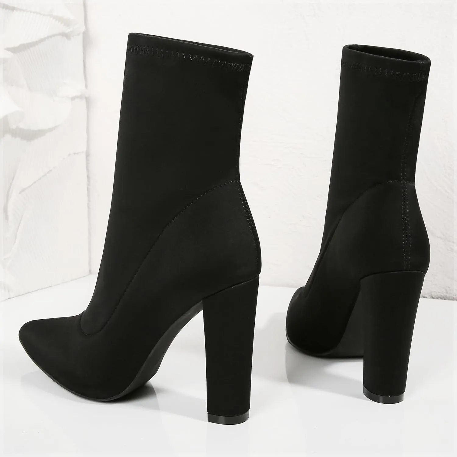 Women's High Heeled Booties Pointed Toe Mid Calf Ankle Boots Block Chunky Heels boot Stretch Fashion Sexy Wedding Short Bootie