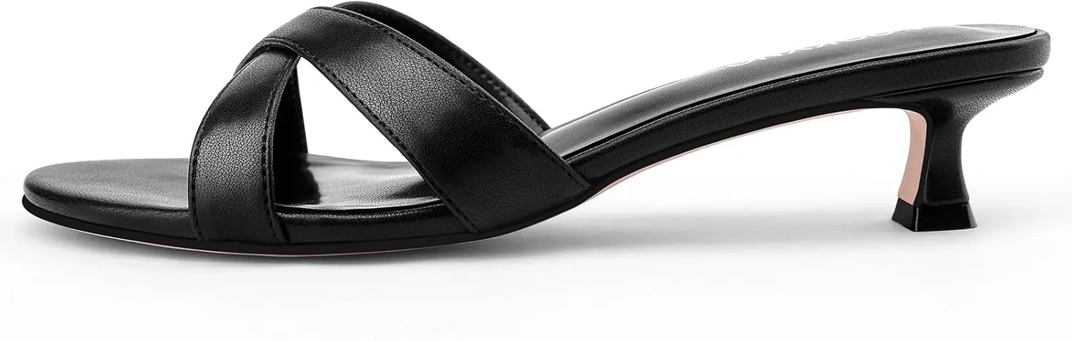Womens Kitten Heels Low Heeled Sandals for Women Round Slip On Slides Cross Strap Open Toe Sandals