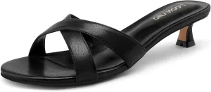Womens Kitten Heels Low Heeled Sandals for Women Round Slip On Slides Cross Strap Open Toe Sandals
