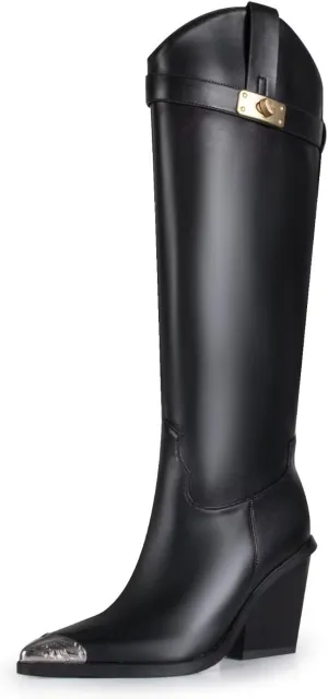 Women's Knee High Cowboy Boots Pointed Toe High Heel Tall Boots with Metal Toe Cap and Buckle Strap