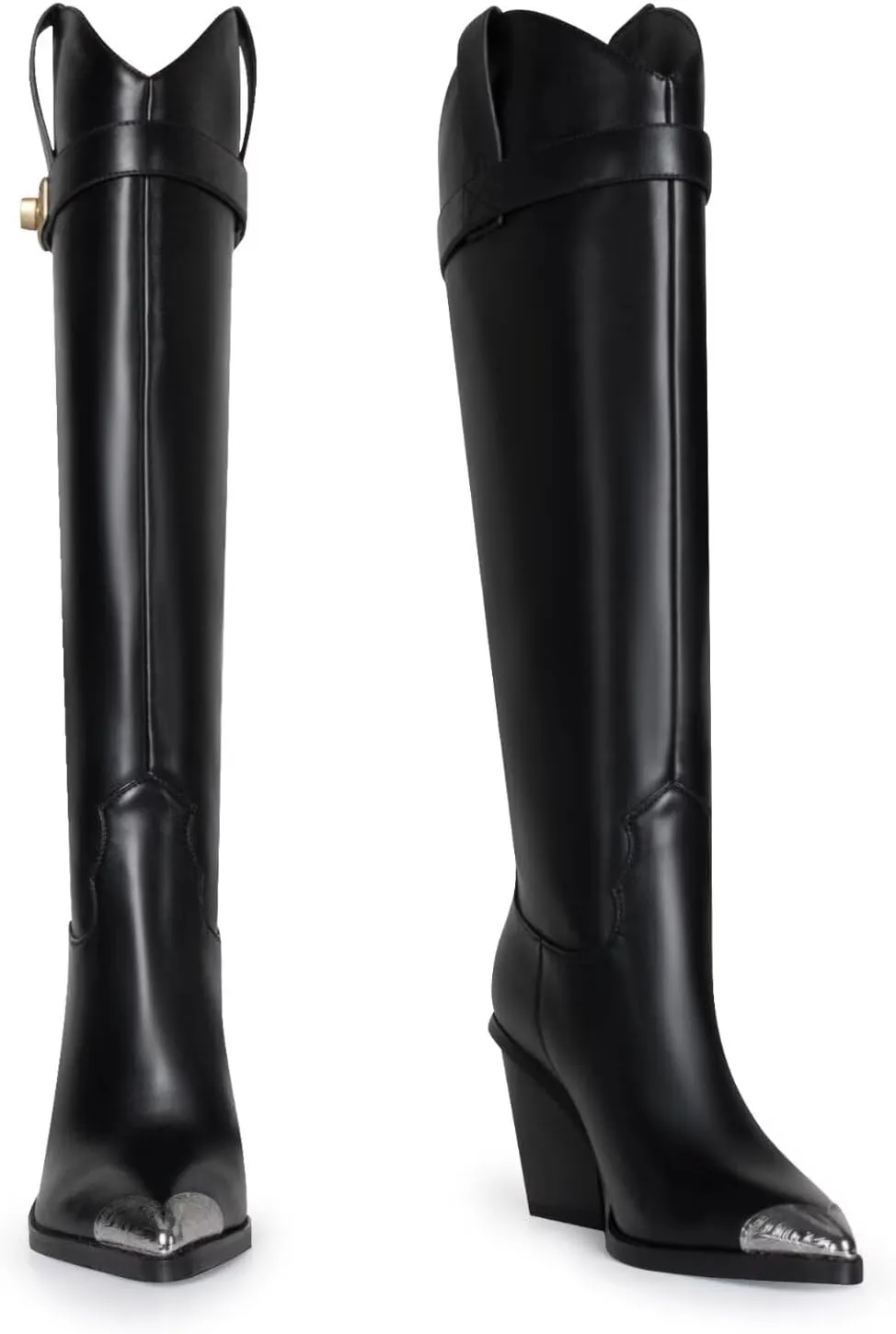 Women's Knee High Cowboy Boots Pointed Toe High Heel Tall Boots with Metal Toe Cap and Buckle Strap