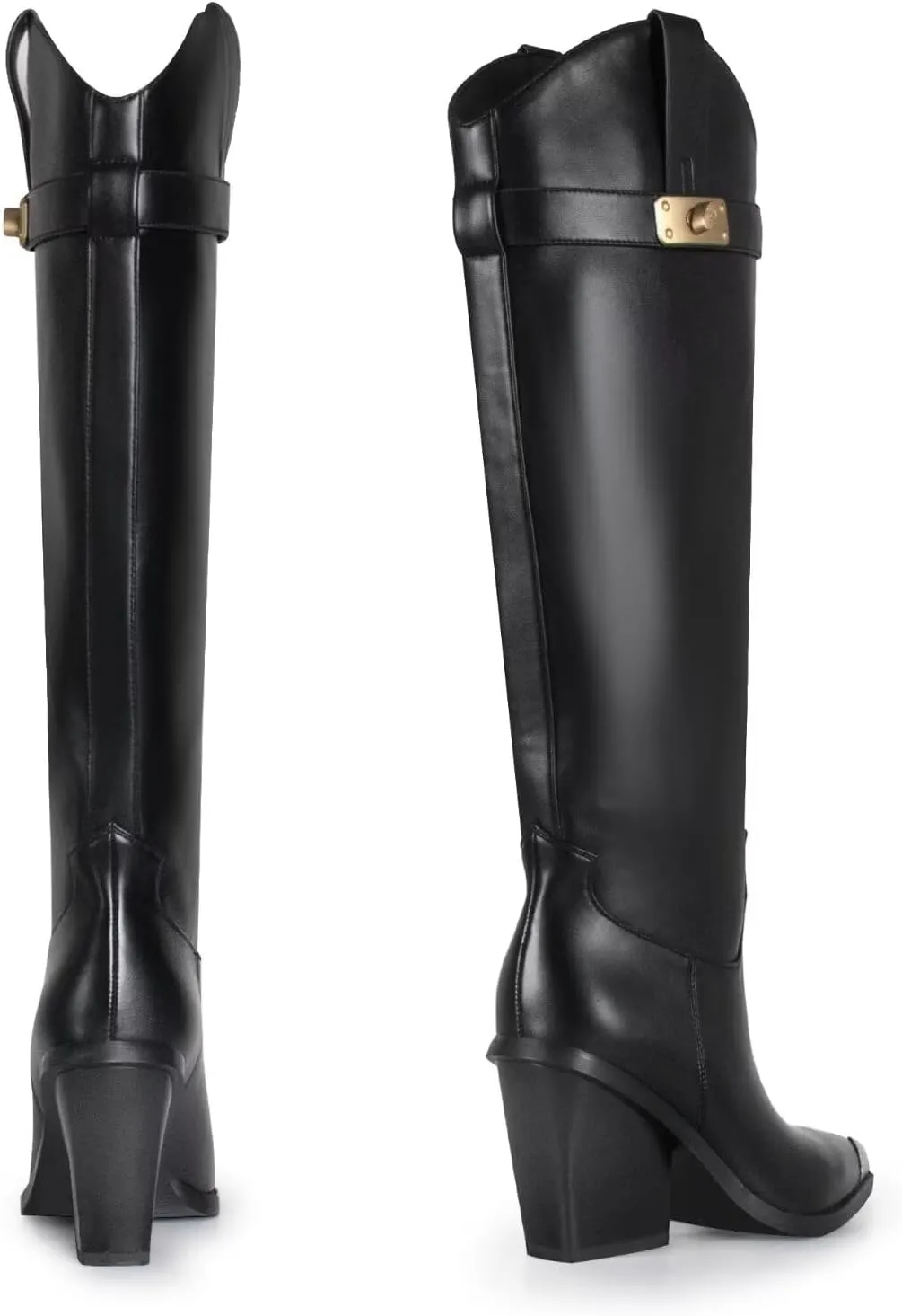 Women's Knee High Cowboy Boots Pointed Toe High Heel Tall Boots with Metal Toe Cap and Buckle Strap